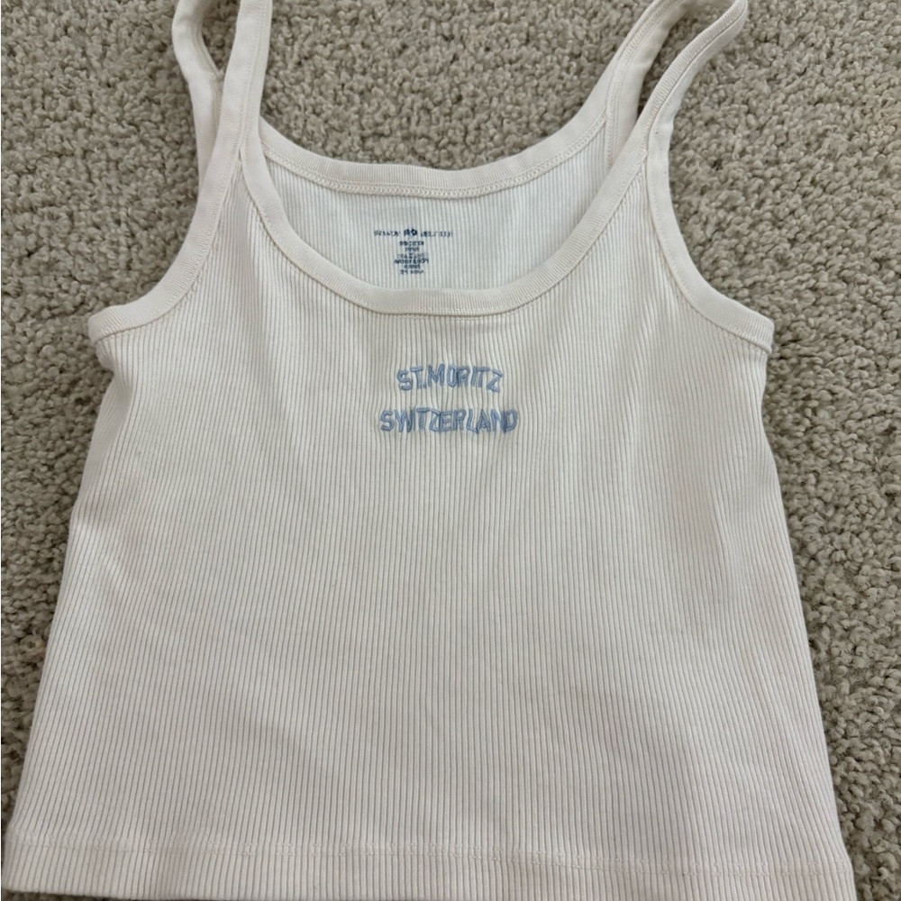 Brandy White Ribbed Tank Top with Blue Embroidery